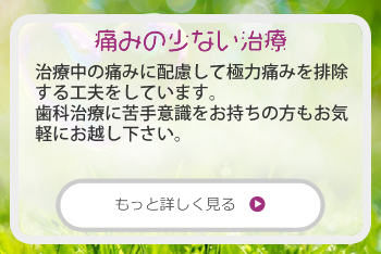 痛みの少ない治療：治療中の痛みに配慮して極力痛みを排除する工夫をしています。麻酔の前には必ず歯肉に表面麻酔薬をぬり、針を刺した時の痛みを軽減、温めた麻酔薬を痛くないようにゆっくりと注入します。歯科治療に苦手意識をお持ちの方もお気軽にお越し下さい。